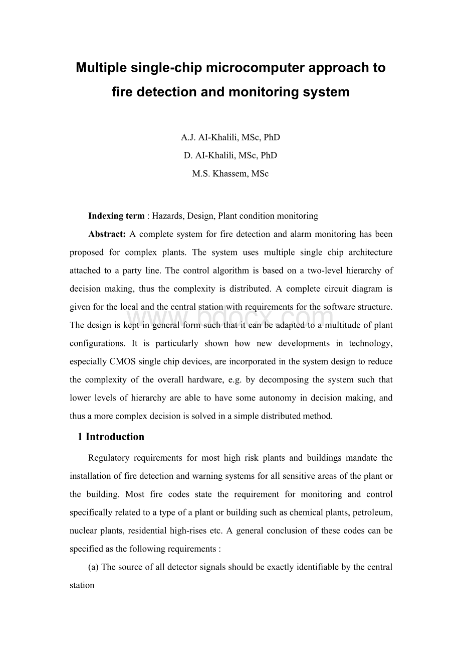 Multiplesingle-chipmicrocomputerapproachtofiredetectionandmonitoringsystem.docx_第1页