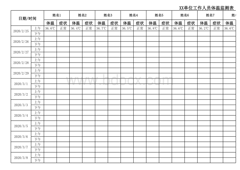 XX单位职工体温监测表EXCEL模板(完整版)表格文件下载.xls_第1页