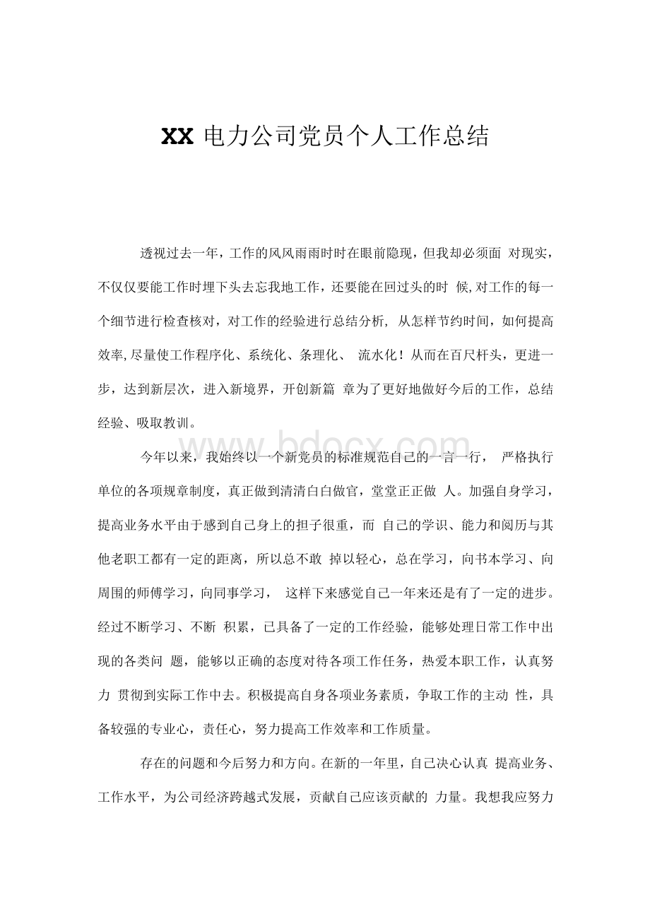 XX电力公司党员个人工作总结Word文档下载推荐.docx_第1页