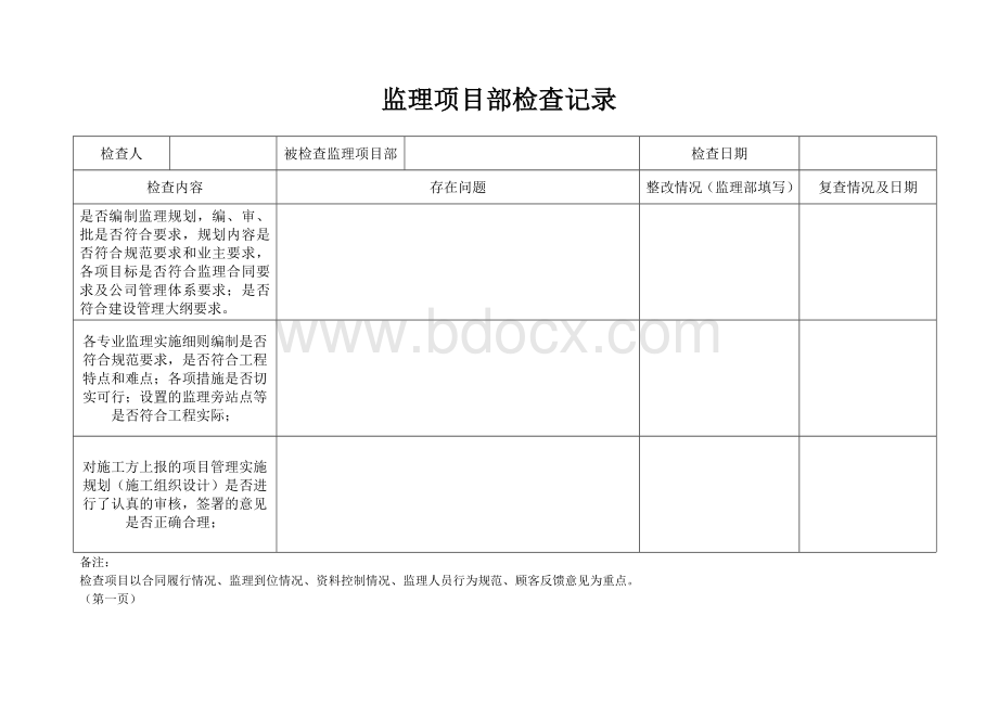 对监理项目部检查表Word下载.doc