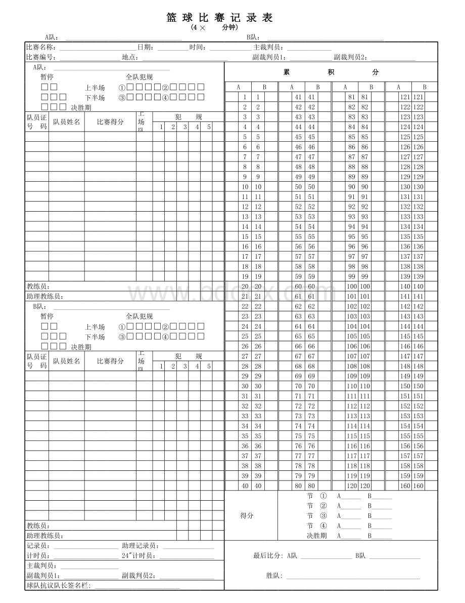 篮球比赛技术统计表(通用版)表格文件下载.xls