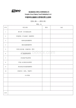 2015年环境和职业健康安全财务费用清单Word文档下载推荐.docx