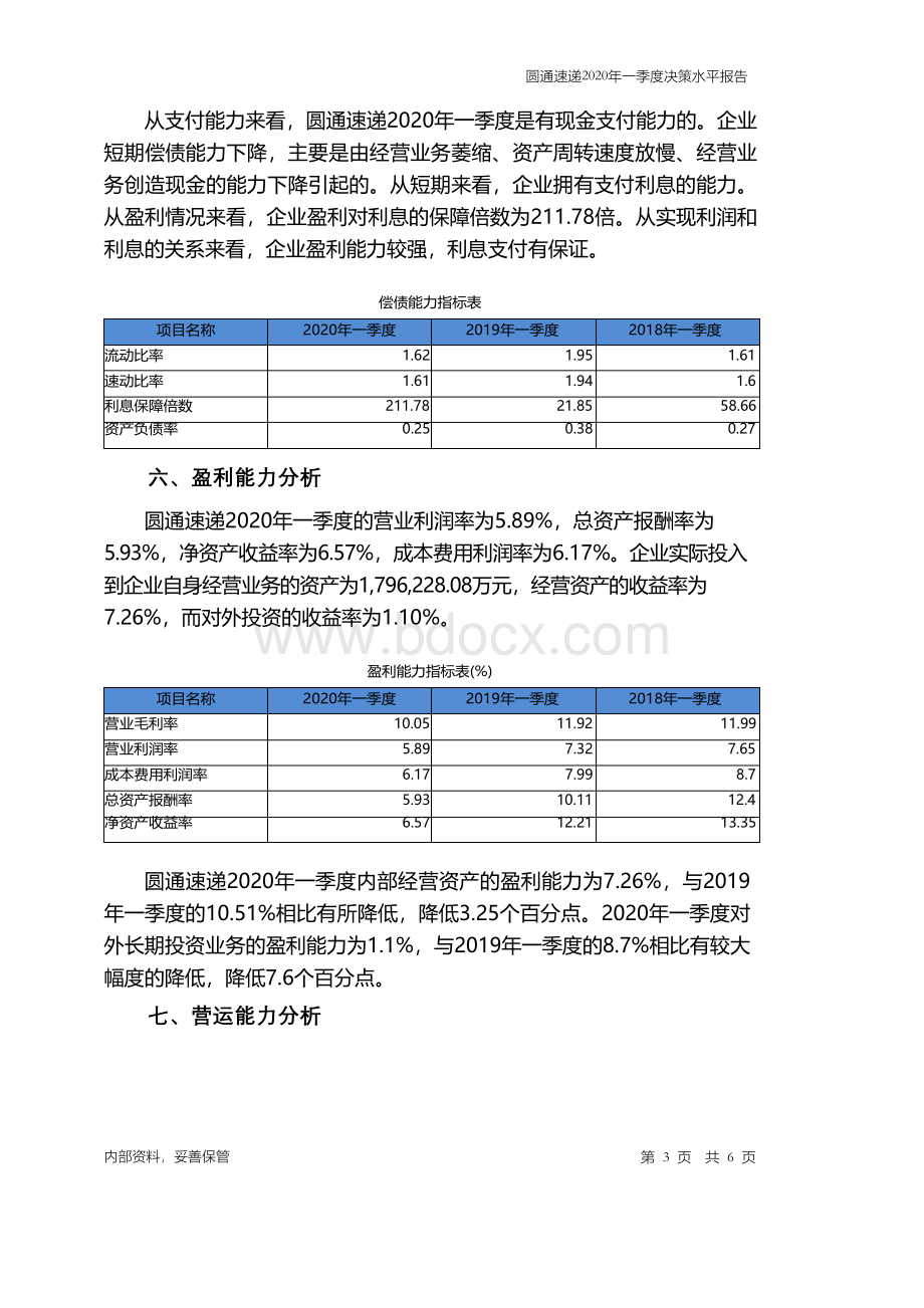 圆通速递2020年一季度决策水平分析报告文档格式.docx_第3页