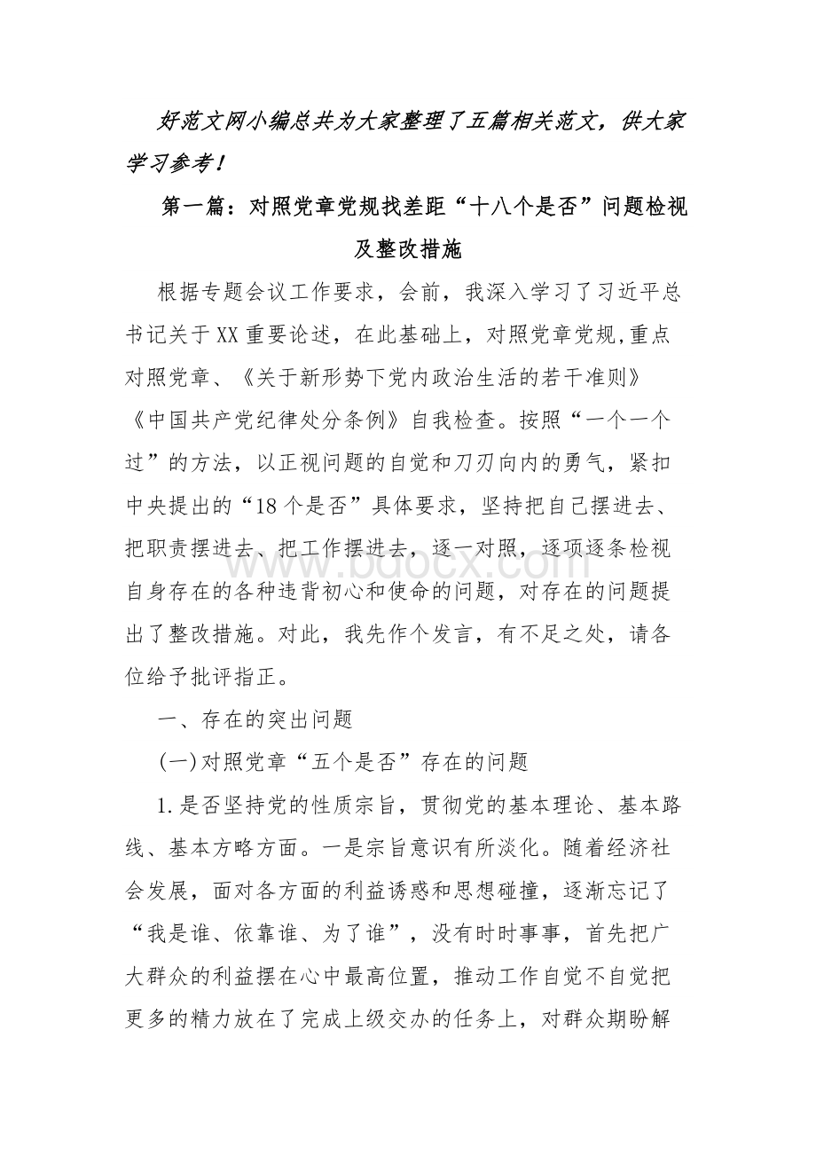 对照党章党规找差距“十八个是否”问题检视及整改措施Word文件下载.docx_第1页