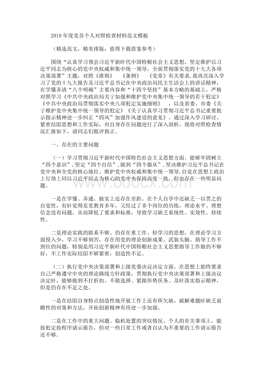 2019年度党员个人对照检查材料范文模板Word文档格式.docx