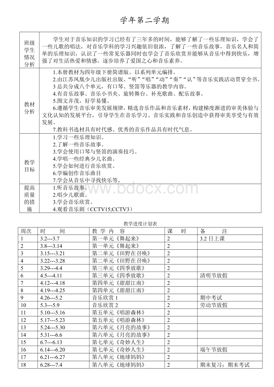 苏教版小学四年级下册音乐教案(全册).doc