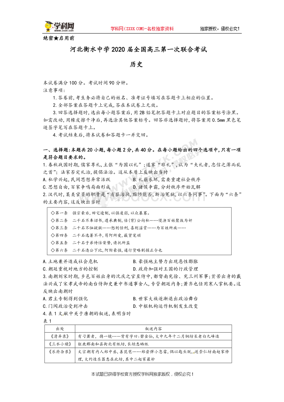 河北省衡水中学2020届全国高三第一次联合考试历史试题.doc_第1页