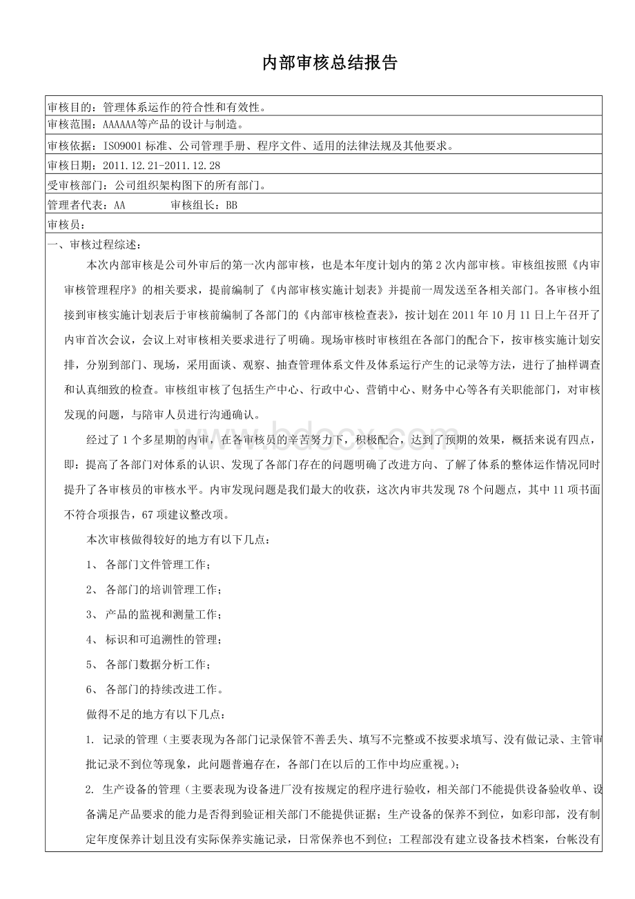 体系内审总结报告Word格式文档下载.doc