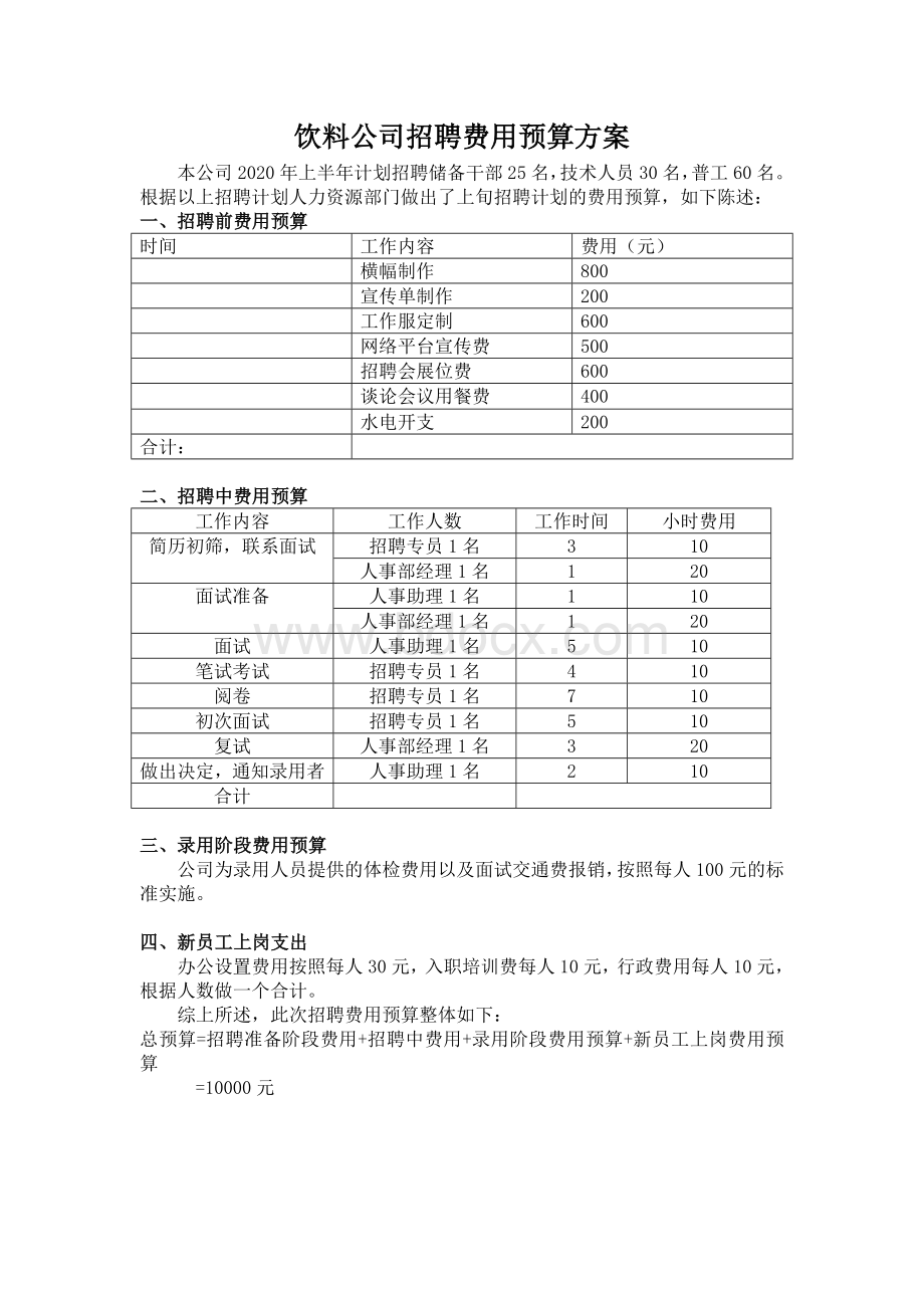 招聘费用预算方案模板Word文档格式.doc