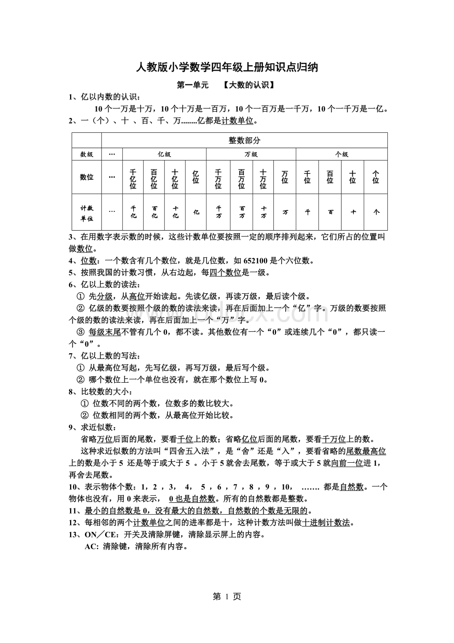 人教版小学四年级数学上册知识点归纳.doc