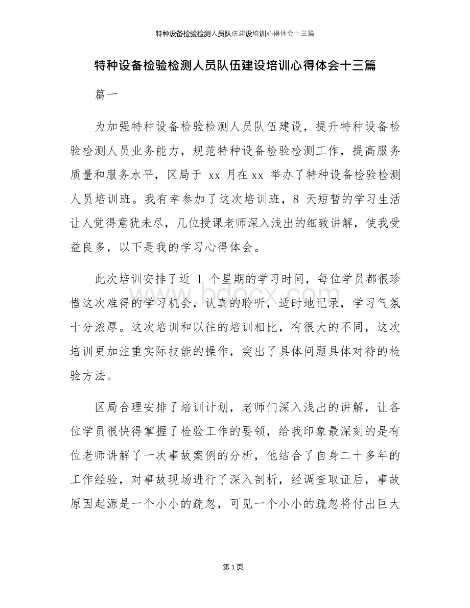 特种设备检验检测人员队伍建设培训心得体会十三篇.docx_第1页