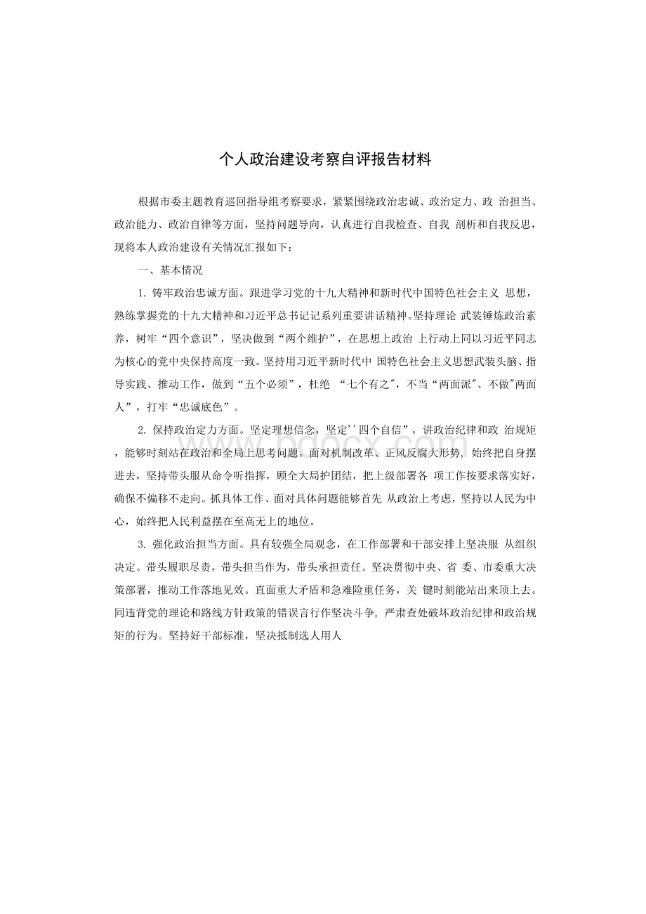 个人政治建设考察自评报告材料Word文档下载推荐.docx