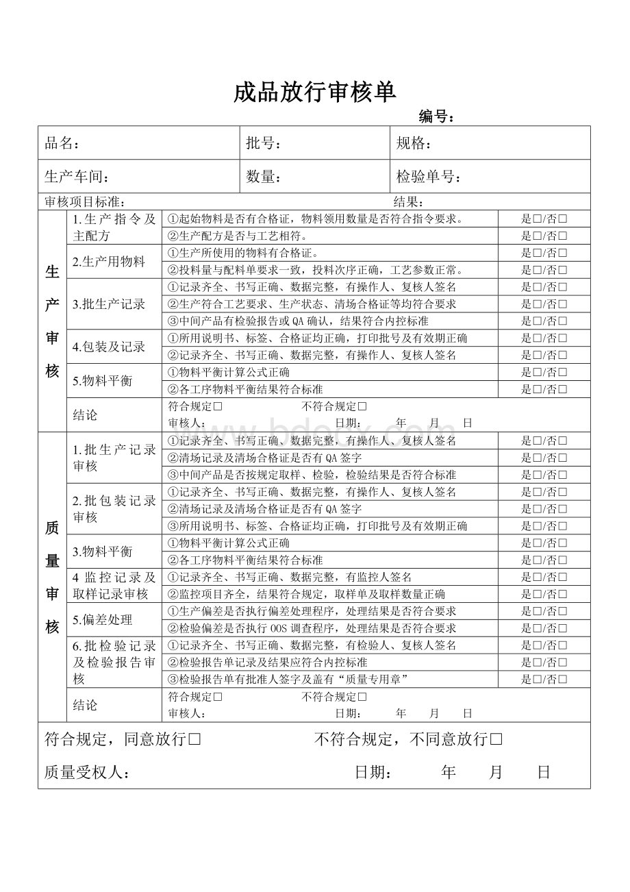 成品审核放行单Word格式.doc