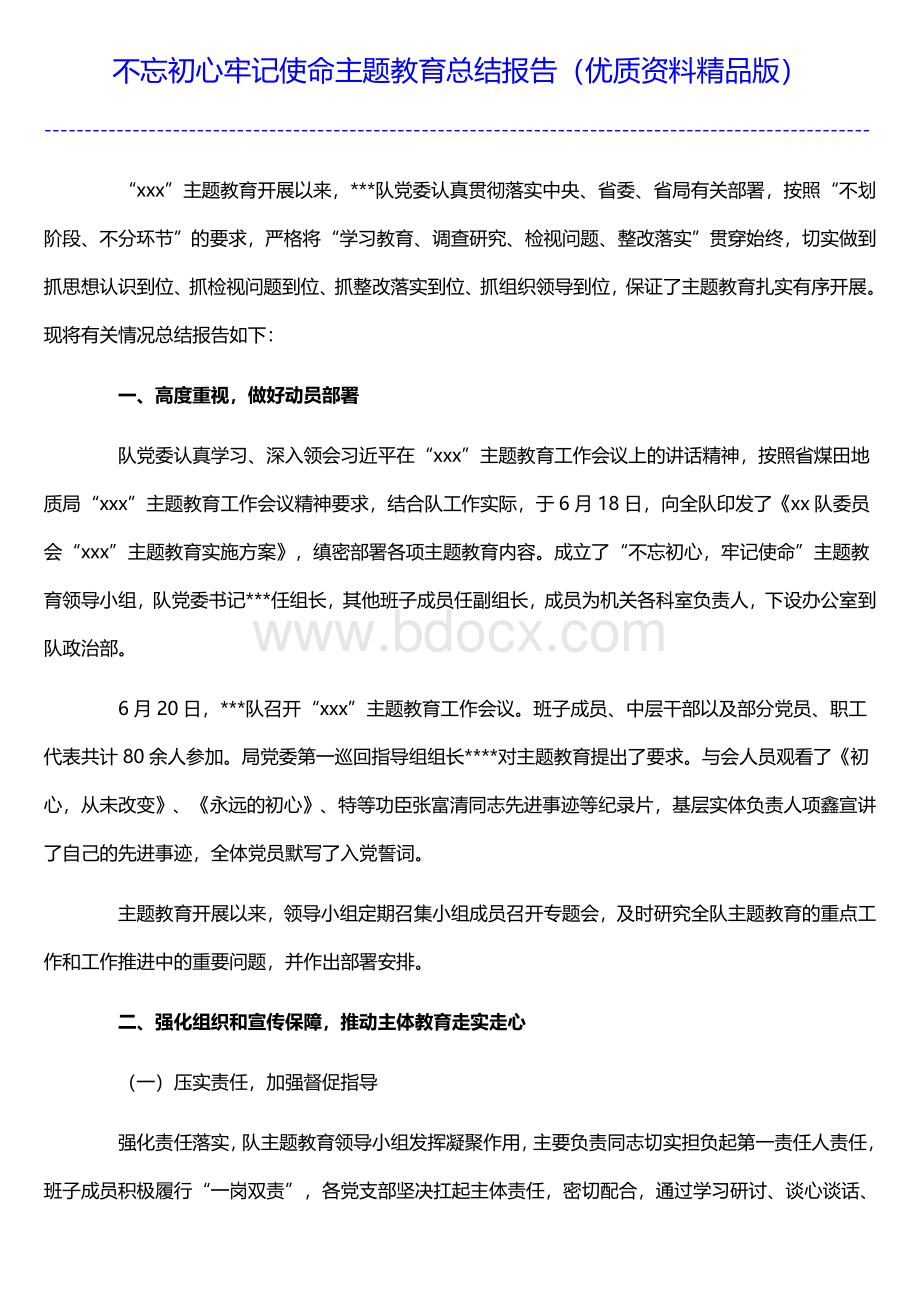 不忘初心牢记使命主题教育总结报告（优质资料精品版）Word文档下载推荐.doc