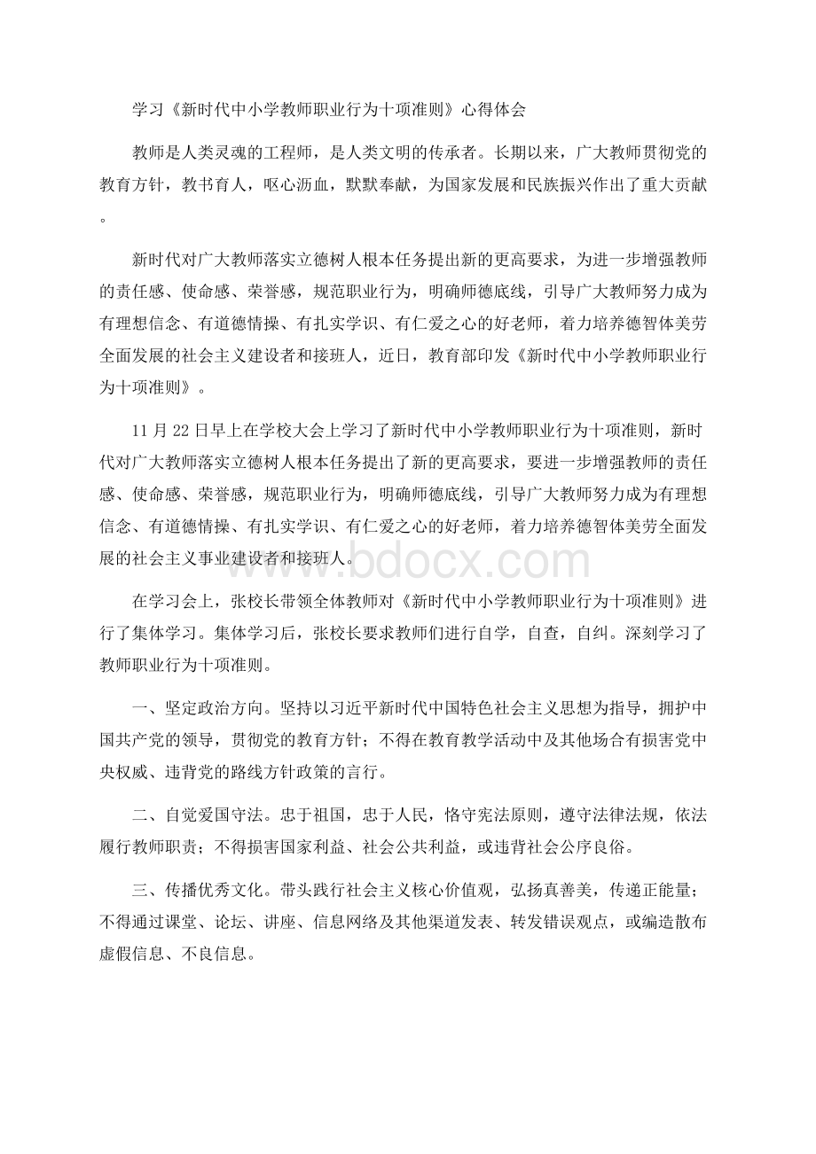 学习《新时代中小学教师职业行为十项准则》心得体会Word文档下载推荐.docx_第1页