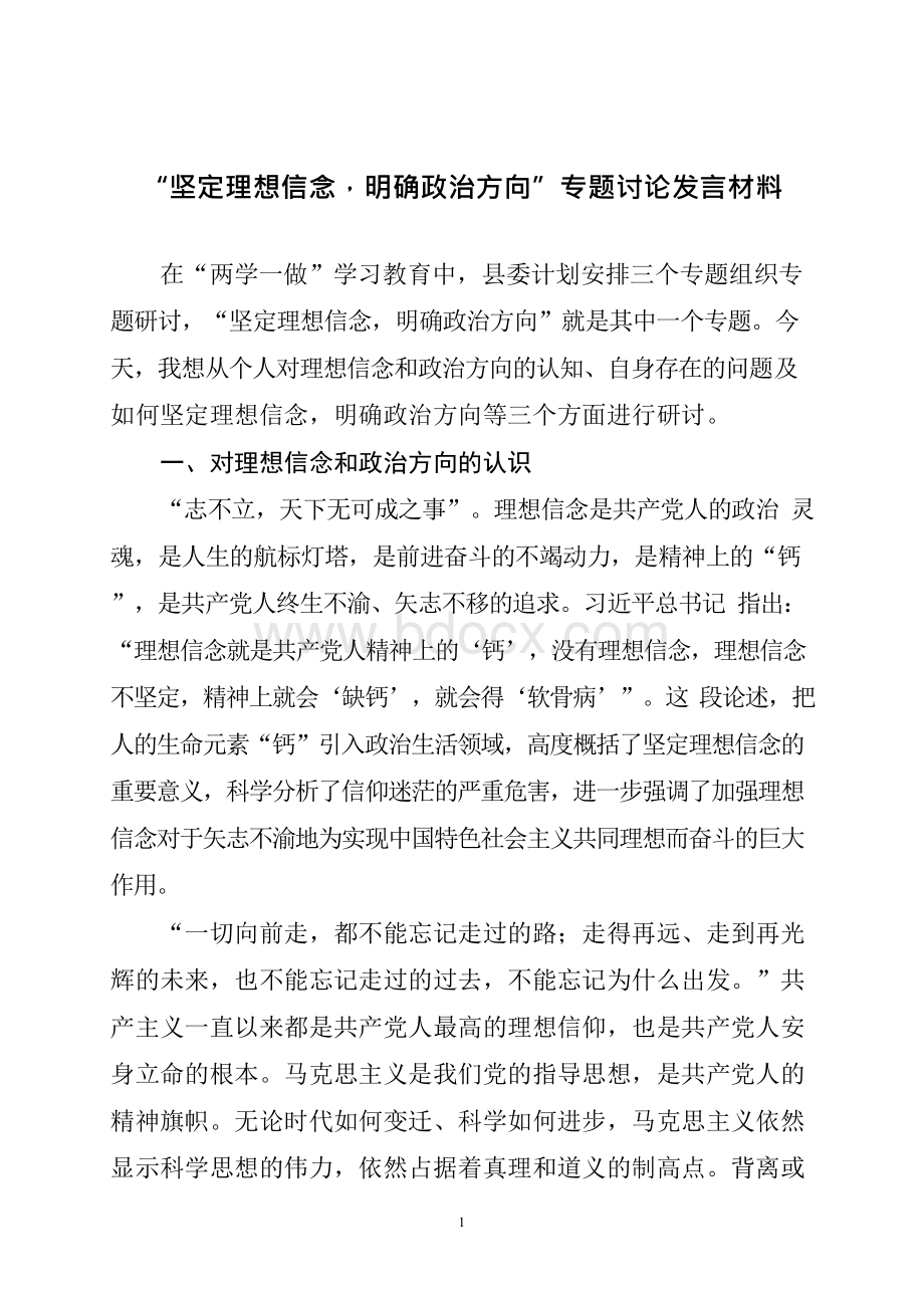 “坚定理想信念明确政治方向”专题讨论发言材料文档格式.docx