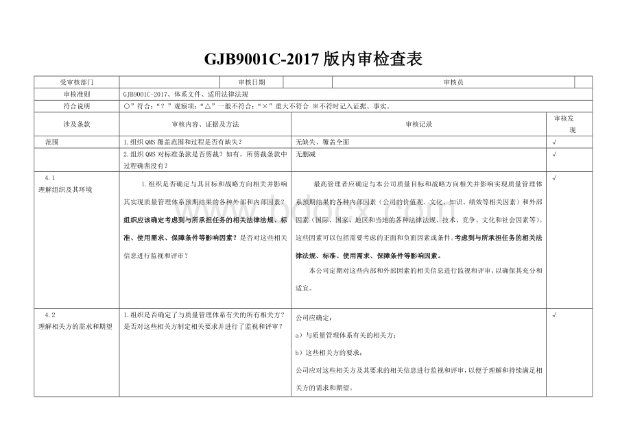 GJB9001C-2017内审检查表.docx_第1页