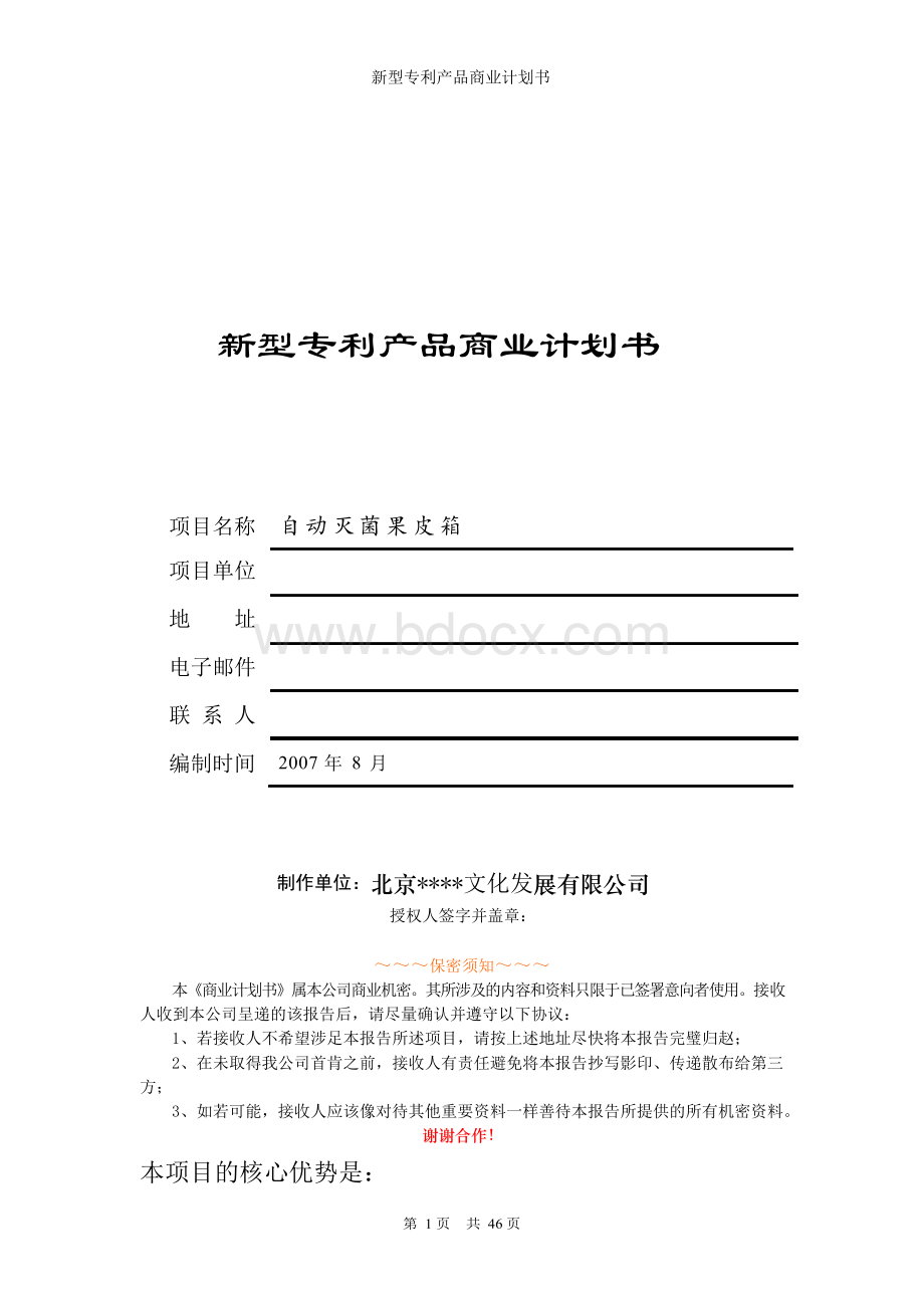 新型专利产品商业计划书Word文档格式.docx