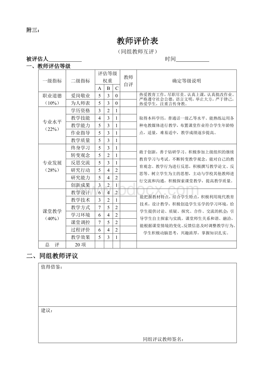 小学教师评价表自评互评领导学生同行家长.doc_第2页