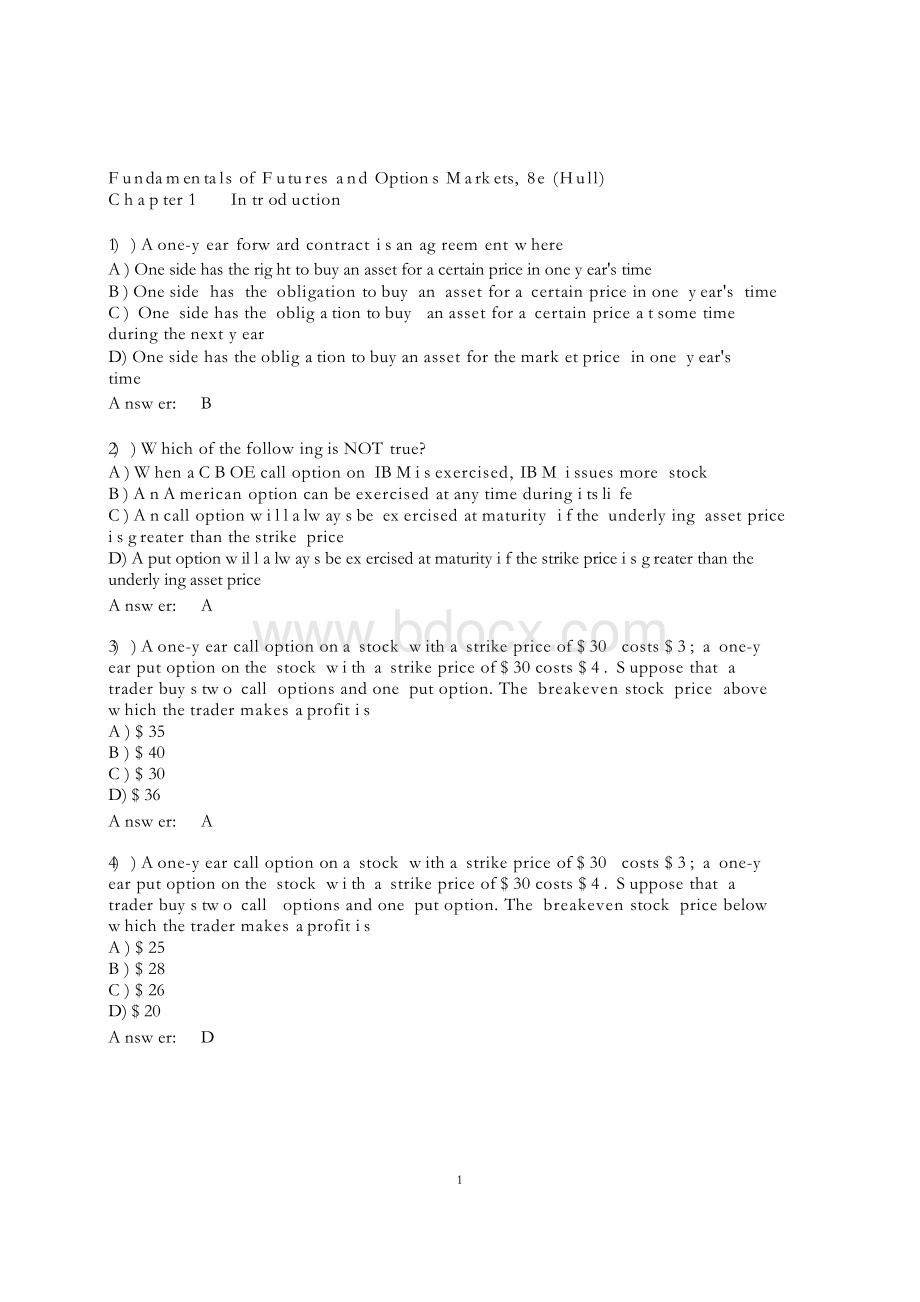 FundamentalsofFuturesandOptionsMarkets,8e(Hull)testbankchapter1－24.docx_第1页