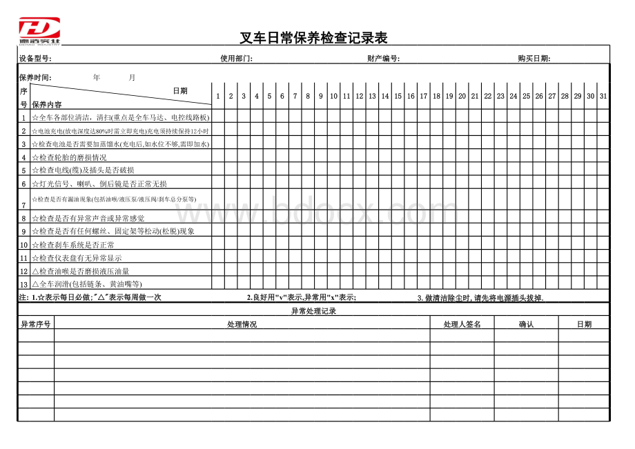 叉车及牵引车保养记录表(1)表格文件下载.xls