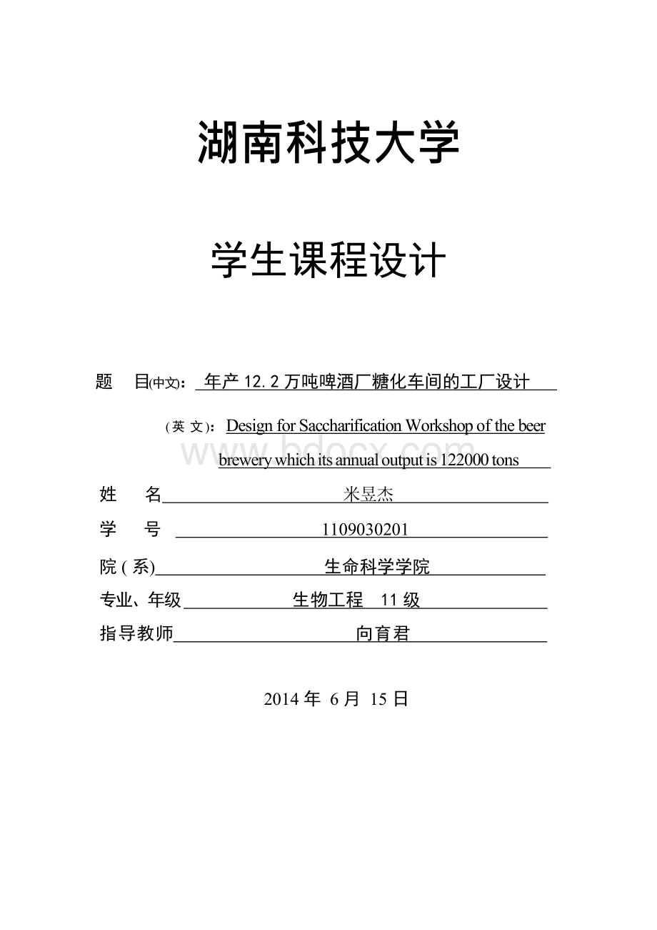 年产12吨12度淡色啤酒厂的工艺设计技术方案文档格式.docx_第1页