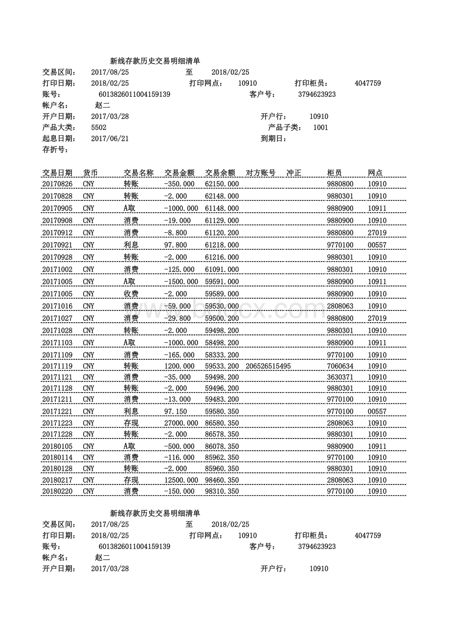 中国银行流水模板表格文件下载.xls