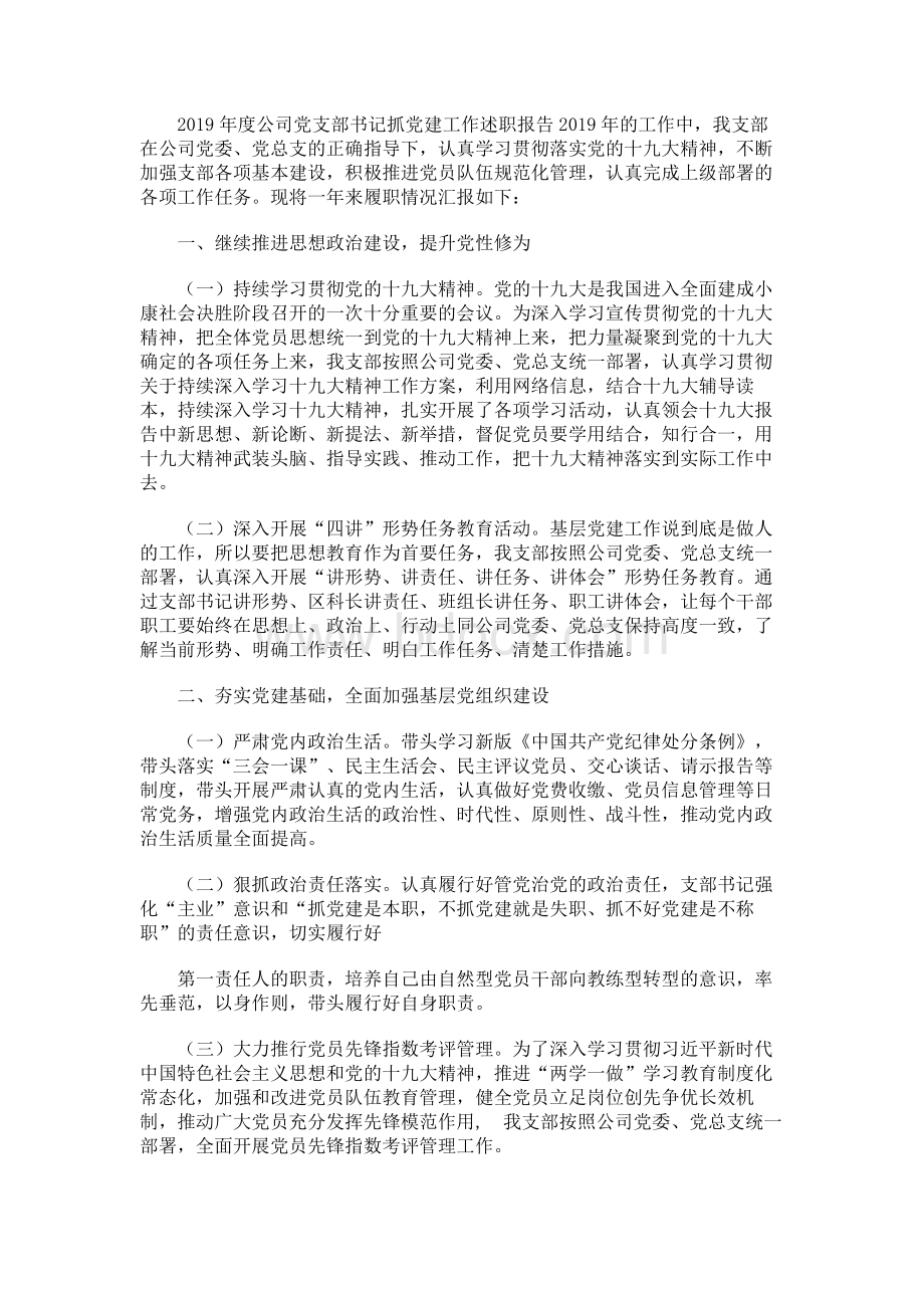 2019年度公司党支部书记抓党建工作述职报告.docx