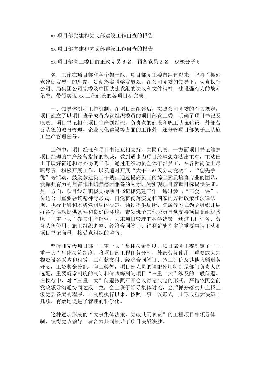 xx项目部党建和党支部建设工作自查的报告.docx