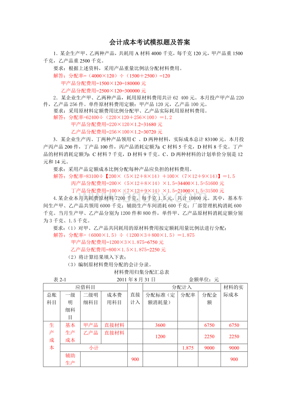 会计成本考试模拟题及答案Word格式文档下载.docx