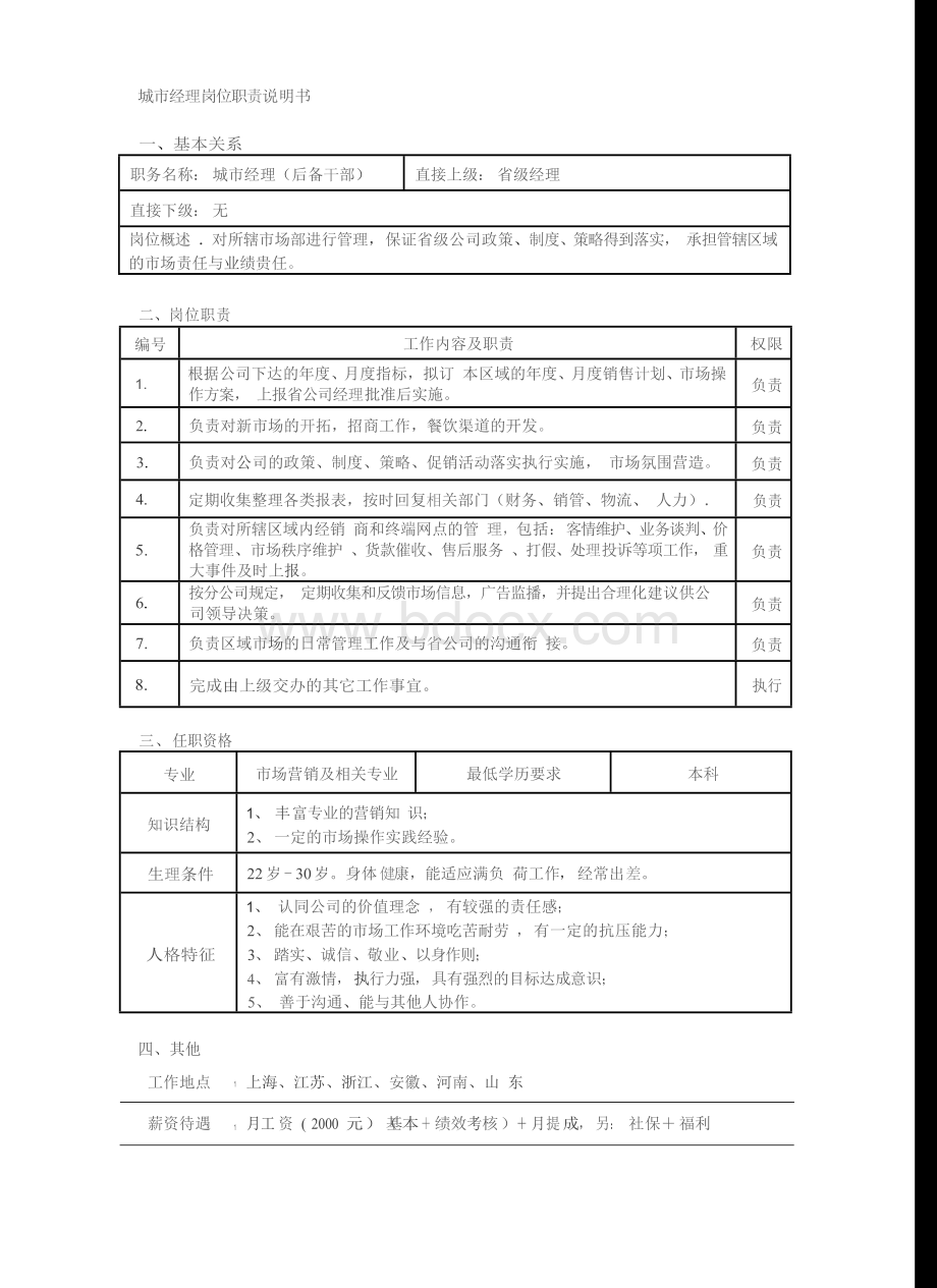 城市经理岗位职责说明书docWord文档格式.docx