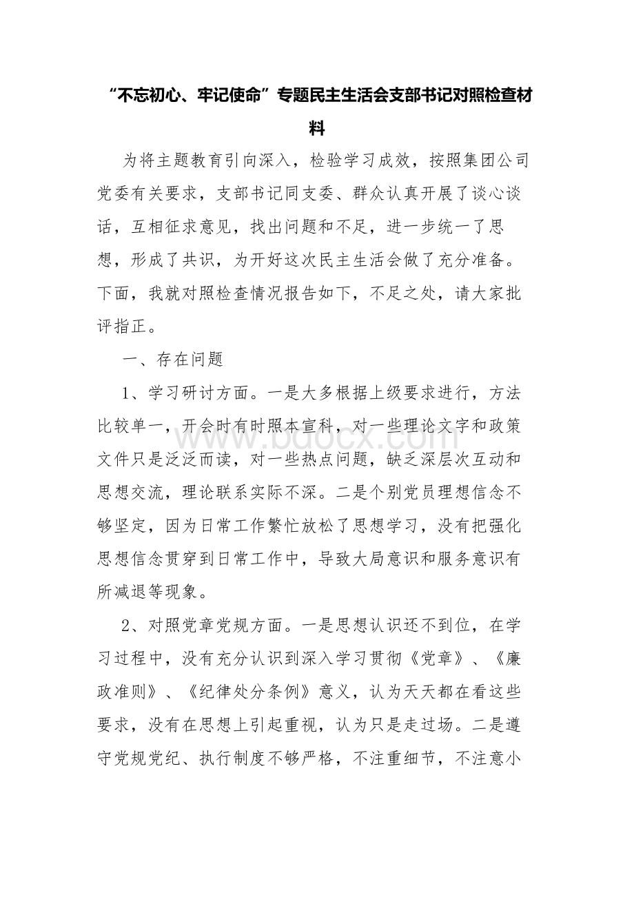 “不忘初心、牢记使命”专题民主生活会支部书记对照检查材料.docx