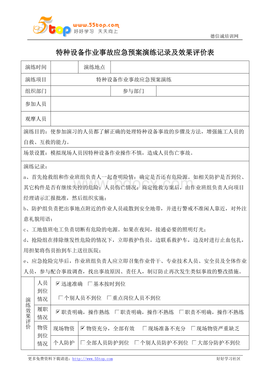 特种设备作业事故应急预案演练记录Word格式文档下载.doc