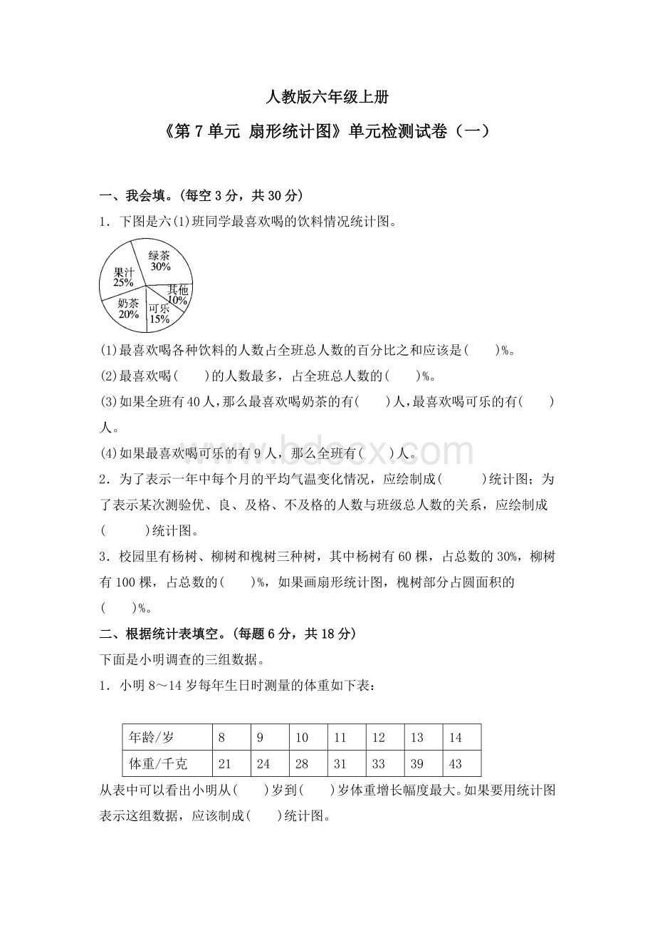 《第7单元扇形统计图》单元检测试卷及答案（共四套）.docx