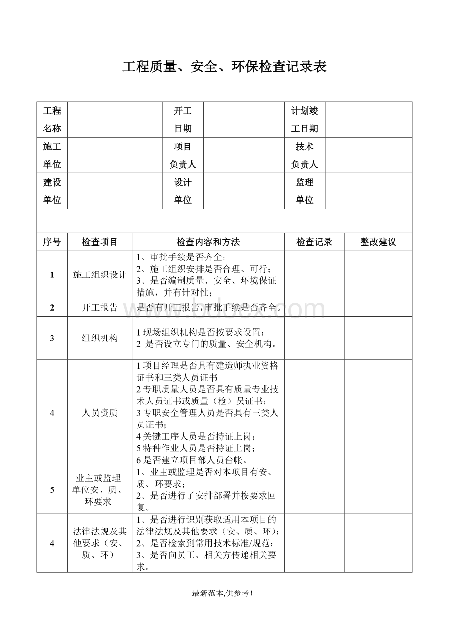 工程质量、安全、环保检查记录表Word下载.doc