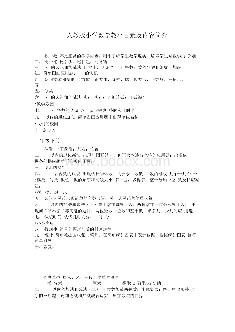 人教版小学数学教材目录及内容简介.docx_第1页