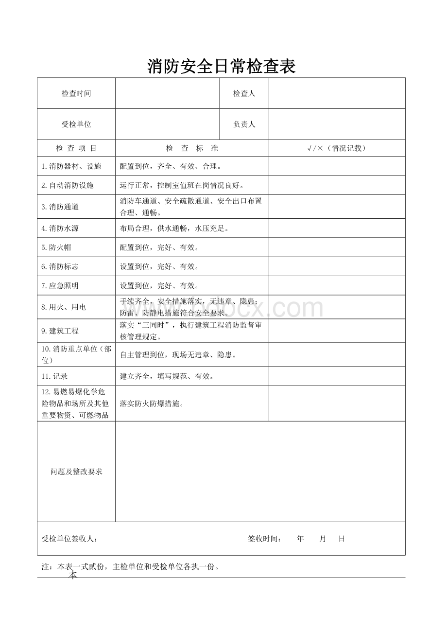 银行消防安全日常检查表文档格式.doc