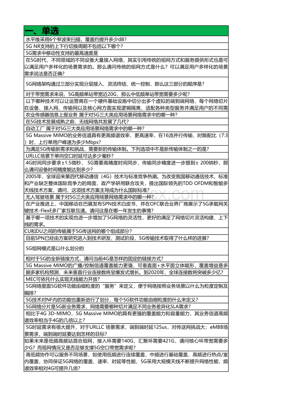 最新-全员5G+通用知识赋能行动9门测试题汇总--2019-12-5.xlsx_第1页