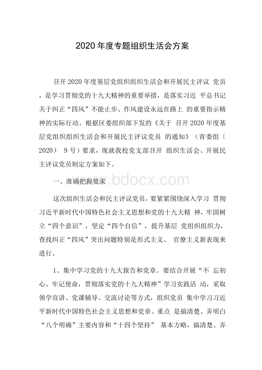 专题组织生活会方案Word格式.docx