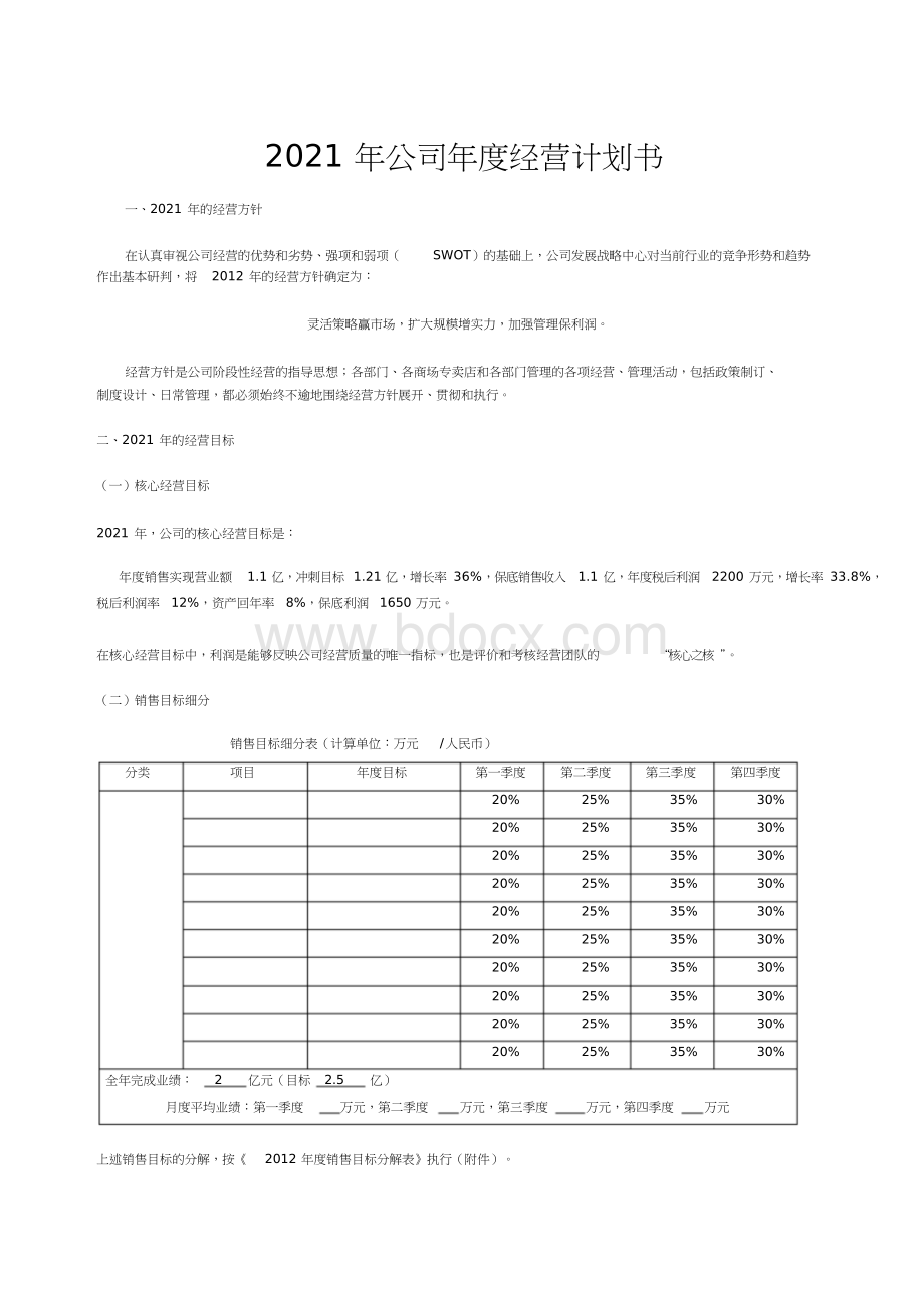 公司年度经营计划书(模板)Word下载.docx_第1页