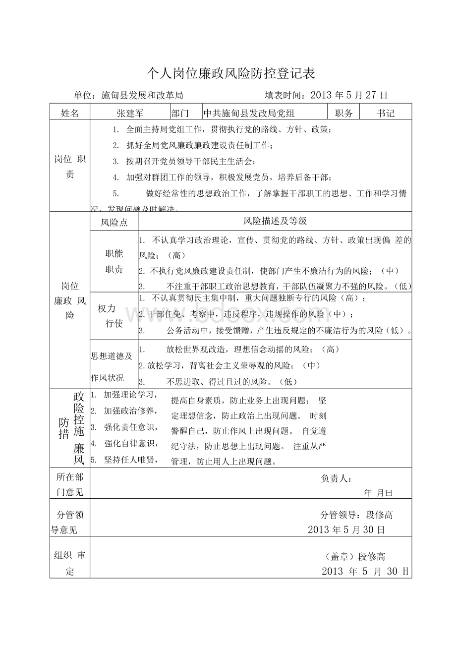 个人岗位廉政风险防控登记表.docx