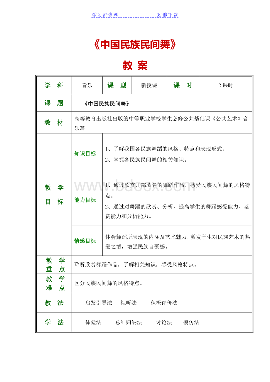 公共艺术(高教版-音乐篇-)教案-第四单元舞蹈的魅力-第二节-中国民族民间舞.doc