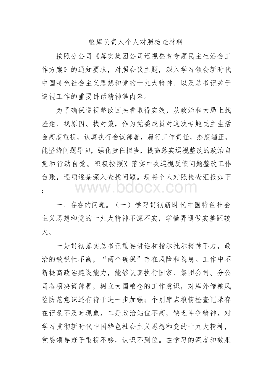 粮库负责人个人对照检查材料Word文件下载.docx_第1页