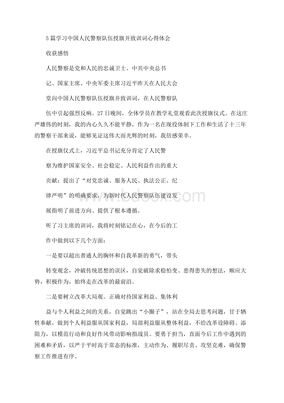 5篇学习中国人民警察队伍授旗并致训词心得体会收获感悟文档格式.docx