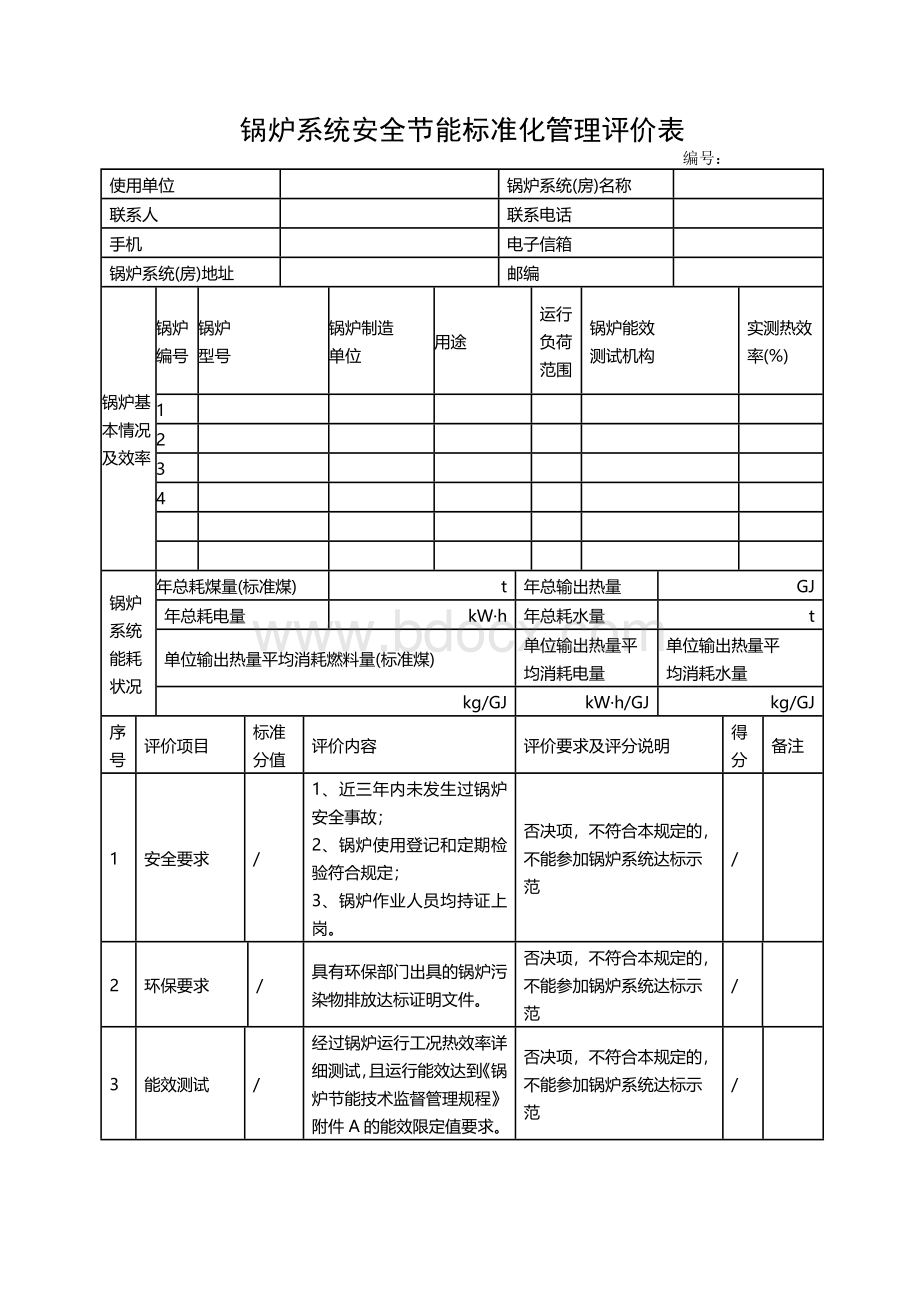 锅炉系统安全节能标准化管理评价表.doc_第1页