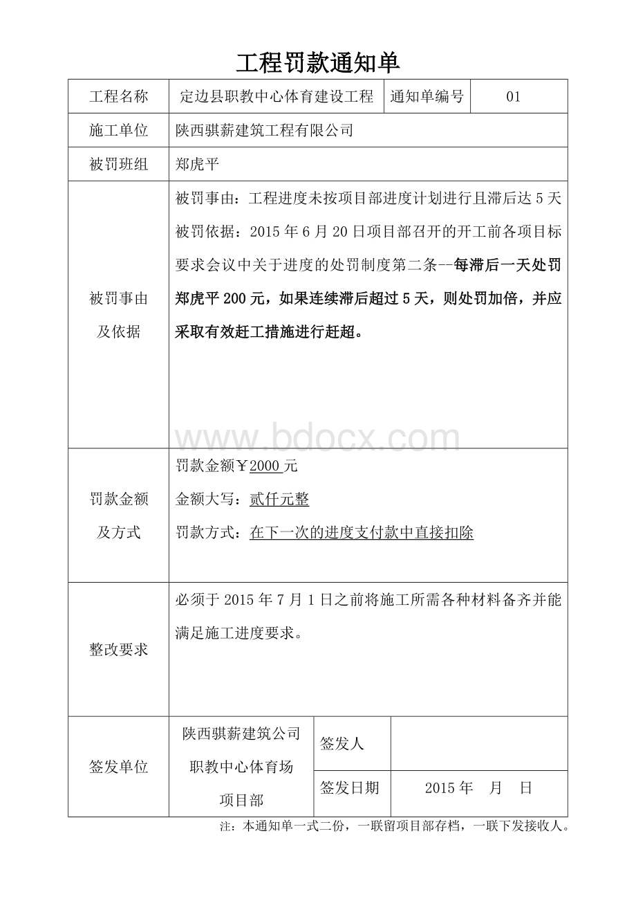 项目部罚款通知单.doc_第1页