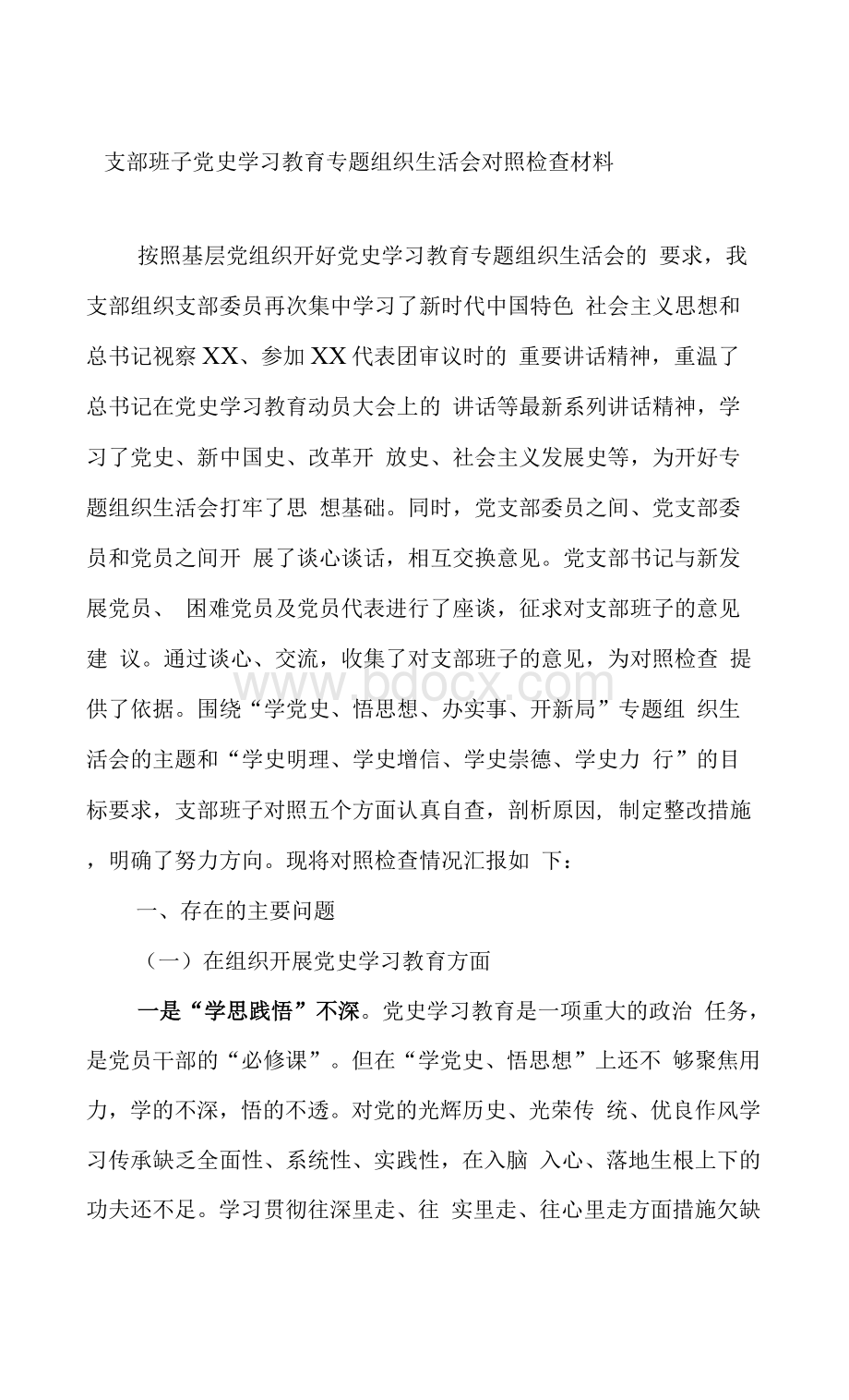 支部班子党史学习教育专题组织生活会对照检查材料Word文档格式.docx_第1页