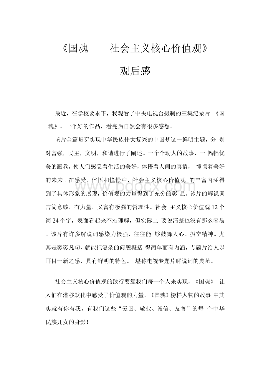 《国魂——社会主义核心价值观》观后感Word格式.docx_第1页