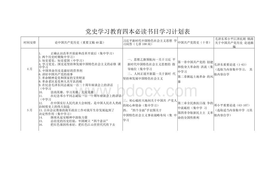 党史学习教育四本必读书目学习计划表.docx