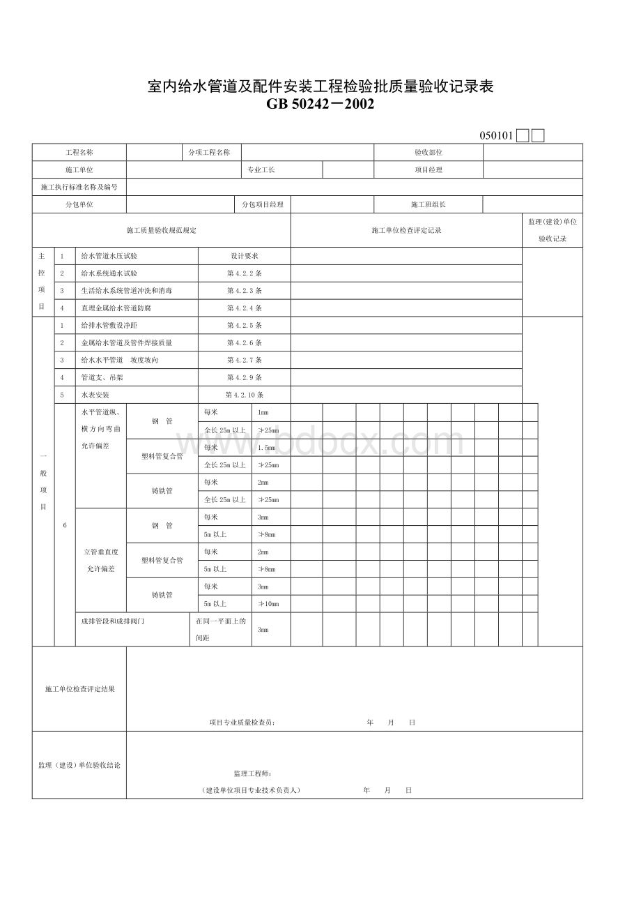 给水排水及采暖工程检验批质量验收记录表Word文件下载.doc